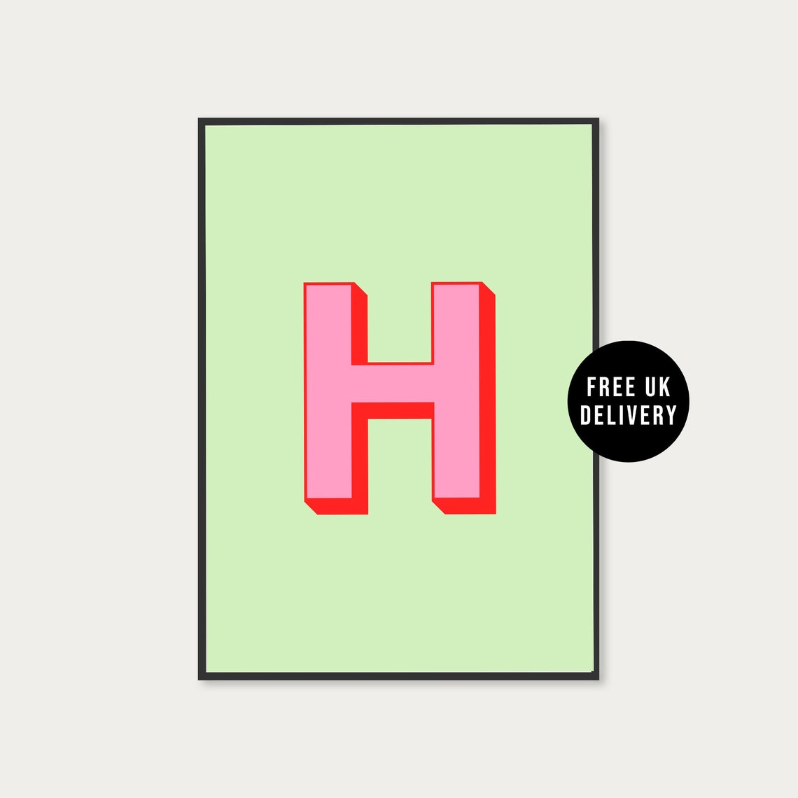 Personalised Initial Letter H Pink on Mint Green Alphabet Poster