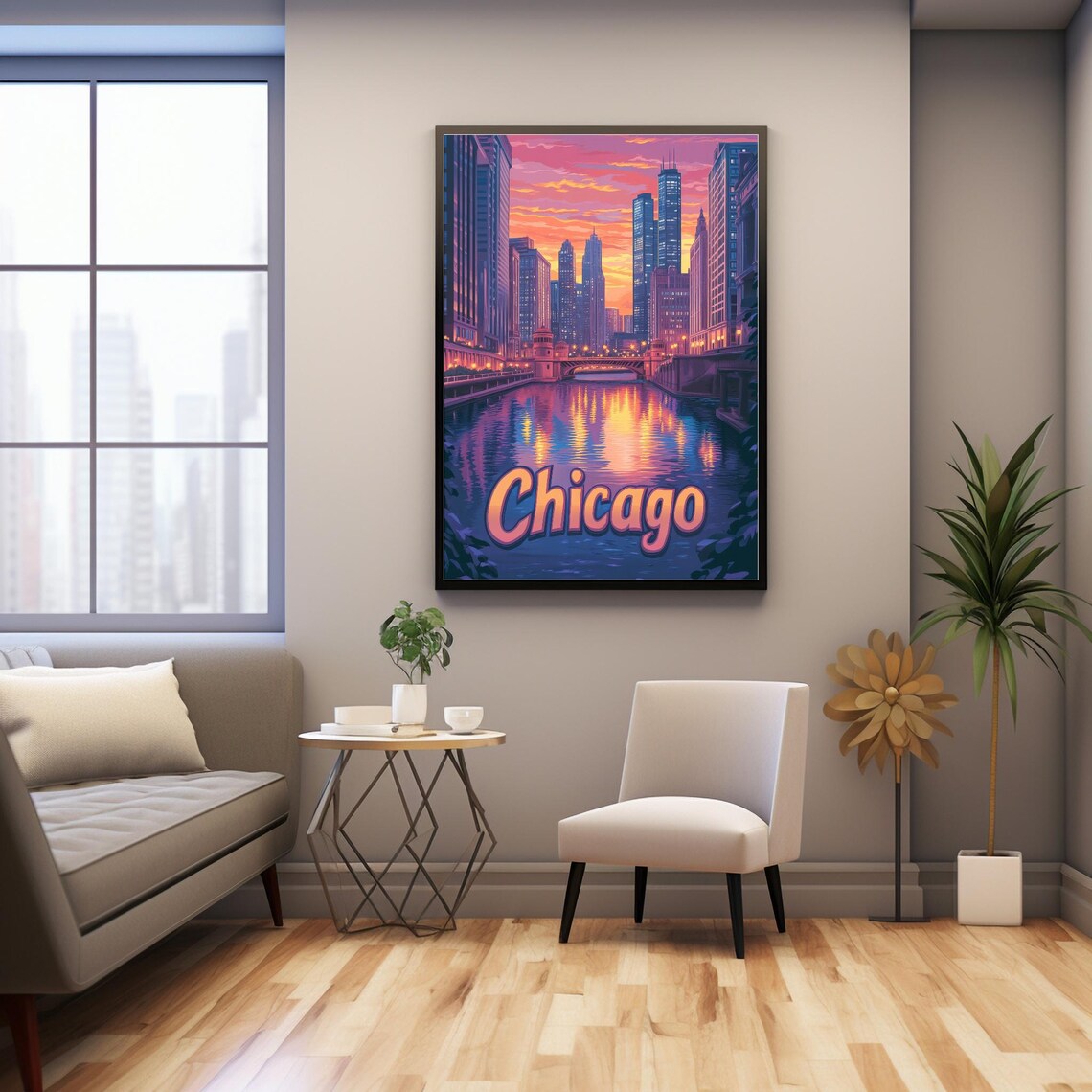 Chicago Skyline At Sunset, Retro Art Print - Image 3
