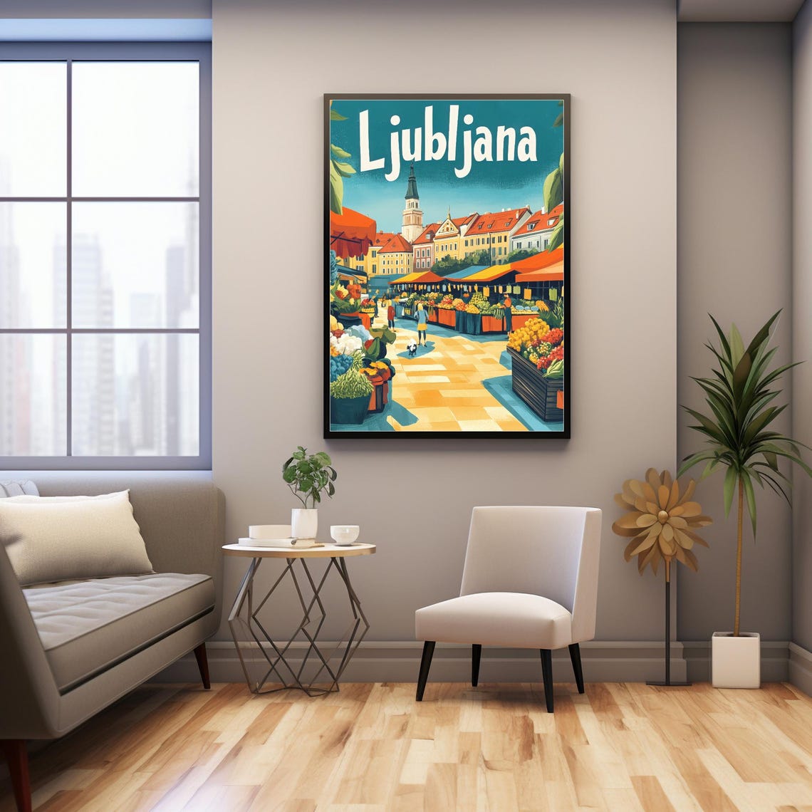 Vibrant Ljubljana Market Scene A Retro Travel Art Print Celebrating The Heart Of Slovenias Capital City - Image 3