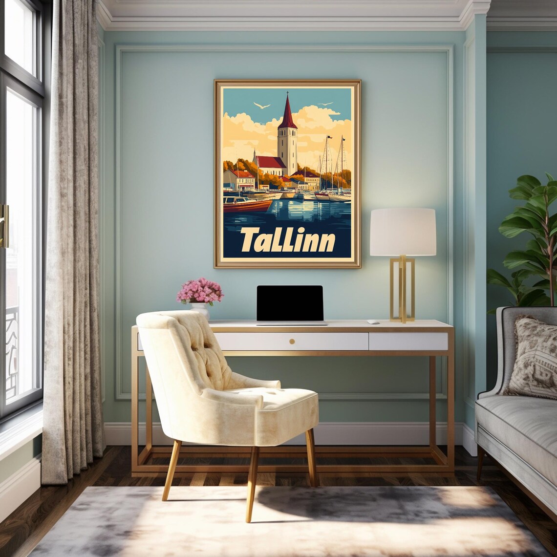 Tallinn Estonia Harbor Travel Poster with Church Tower and Boats Art - Image 2