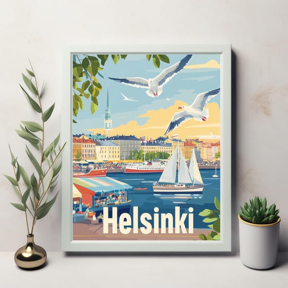 Vibrant Helsinki Waterfront Scene Featuring Sailboat And Colorful Architecture Vintage Travel Poster Style