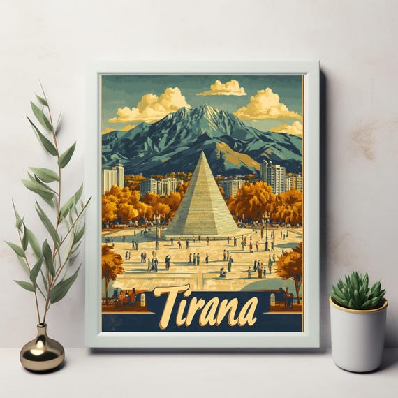 Vintage Inspired Illustration Of Tiranas Pyramid With Bustling Plaza And Majestic Mountain Art Print