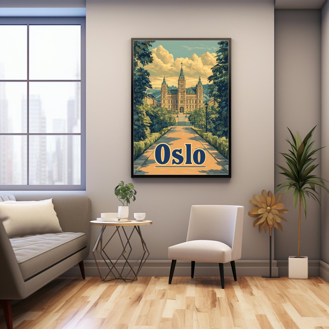 Vintage Oslo Illustration Grand Building With Lush Greenery And Soft Pastel Sky Wall Art - Image 3