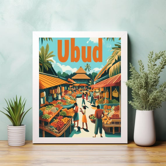 Vibrant Ubud Market Scene Retro Style Art Print Of Colorful Stalls And Traditional Balinese Architecture