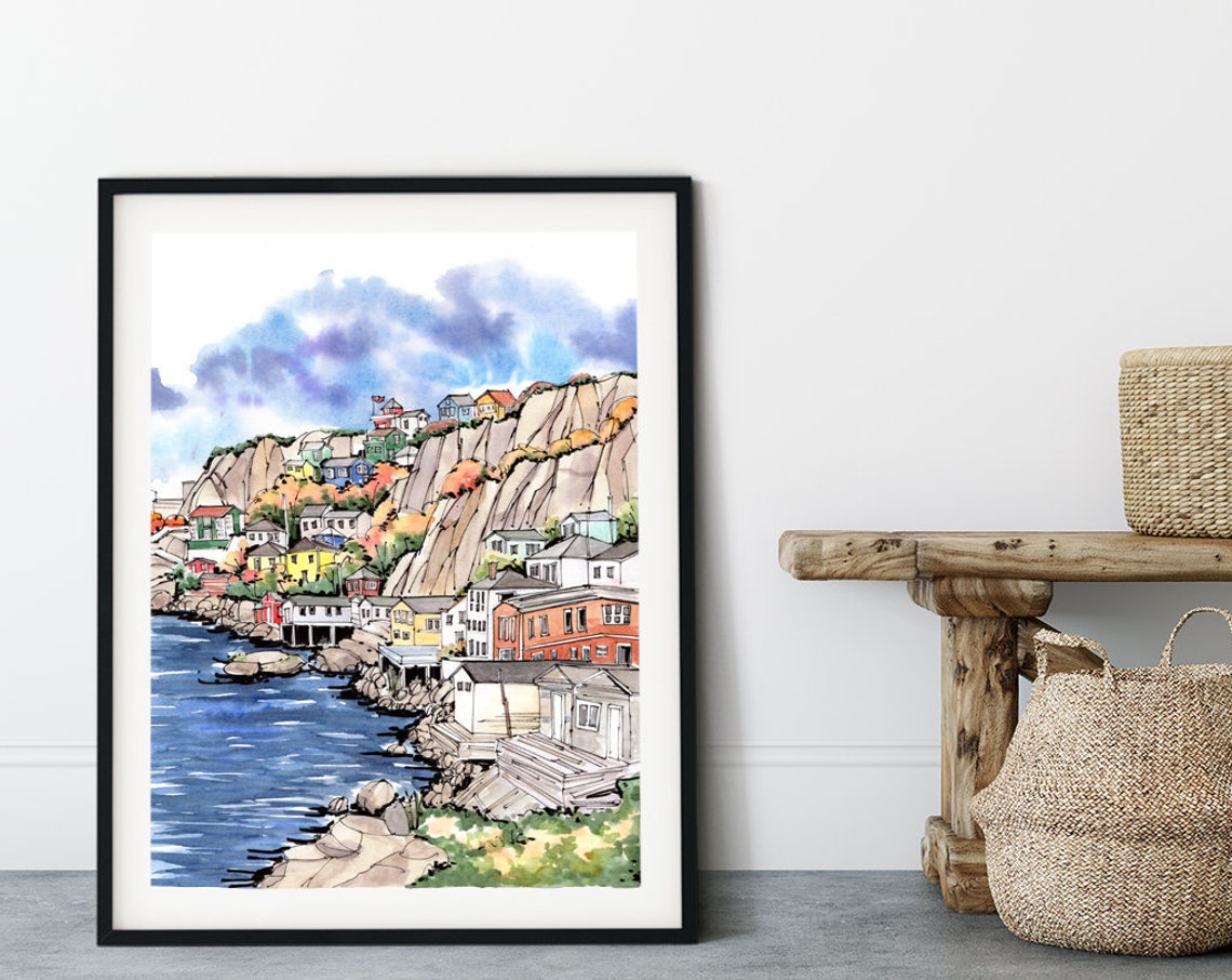 Colorful Cliffside Seaside Town Watercolor Coastal Village Poster