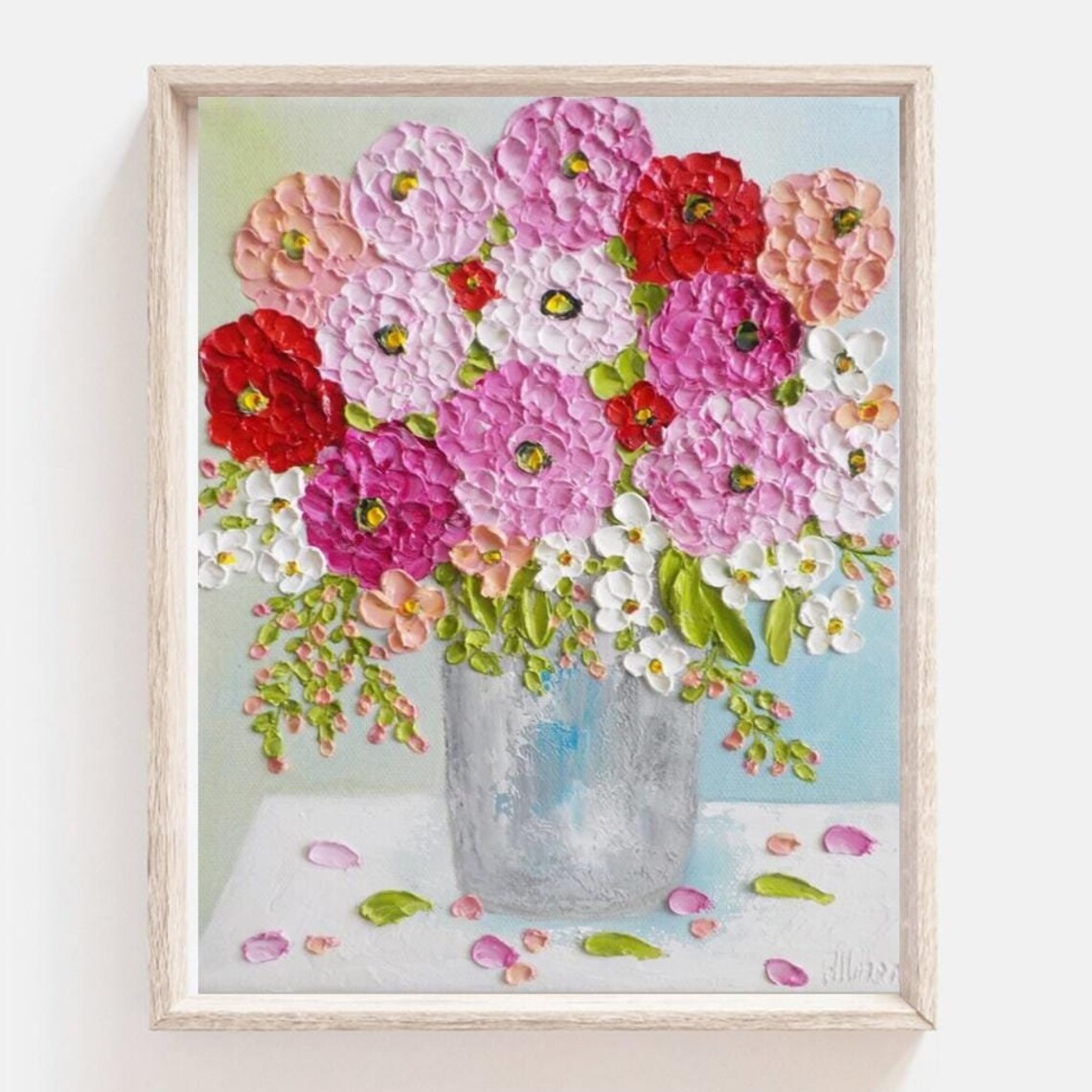 Pink Red and Apricot Zinnia Bouquet Impasto Floral Art Poster