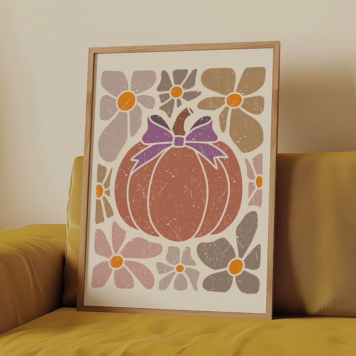Boho Pumpkin Purple Bow Retro Floral Fall Autumn Decor Poster