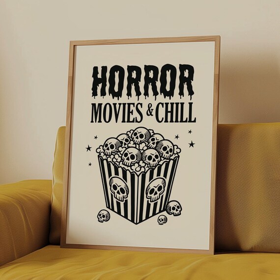 Horror Movies And Chill Skull Popcorn Retro Halloween Poster