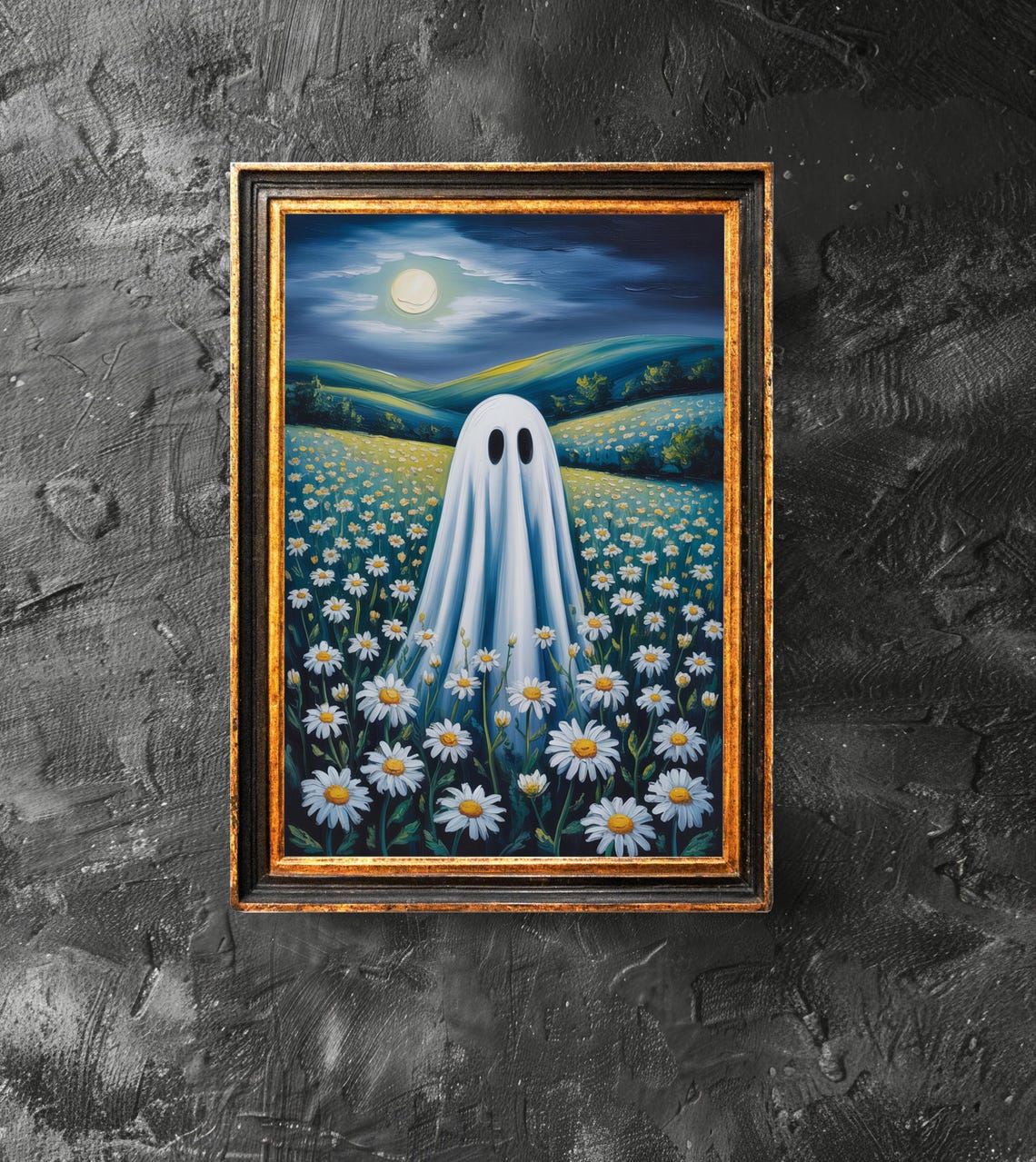 Cute Ghost in Daisy Field Under Moonlight Whimsical Halloween Poster