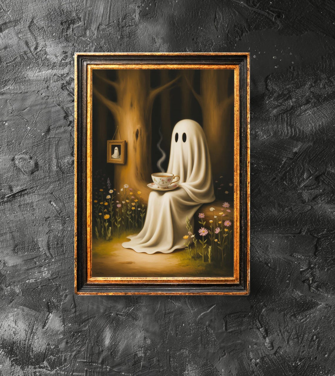 Drinking Coffee In Forest Poster Funny Wall Art Halloween Decor