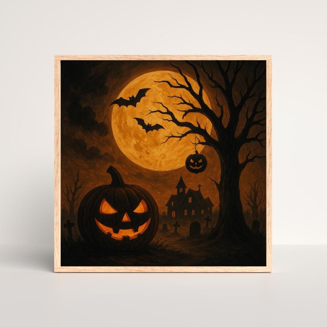 Halloween Pumpkin Art Print Spooky Haunted House Full Moon