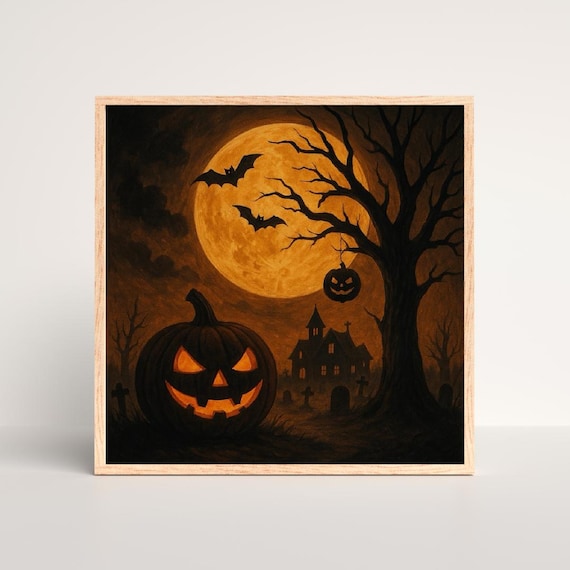 Halloween Pumpkin Art Print Spooky Haunted House Full Moon