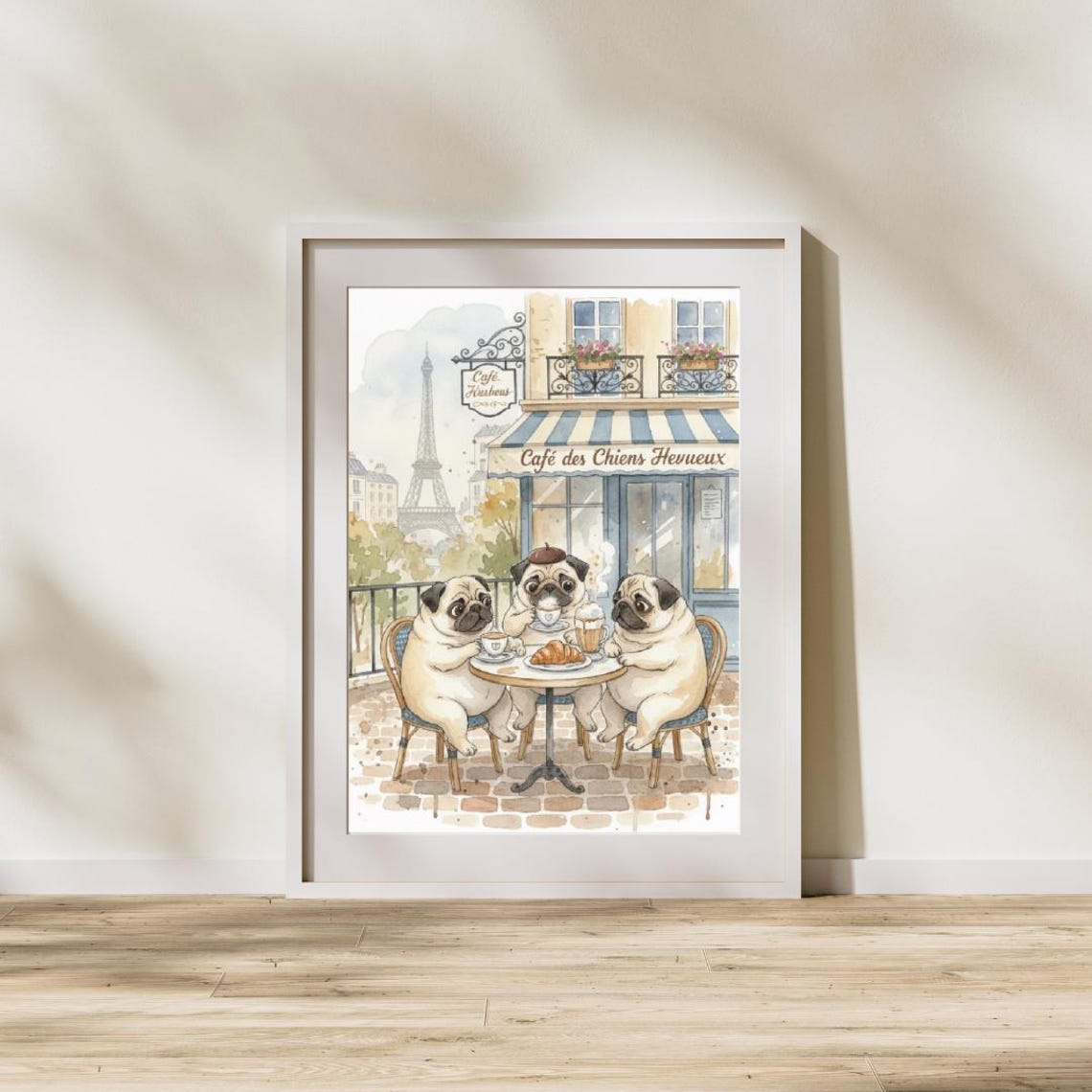 Pugs in Paris Watercolor Cafe Dogs Eiffel Tower Cute Art Poster