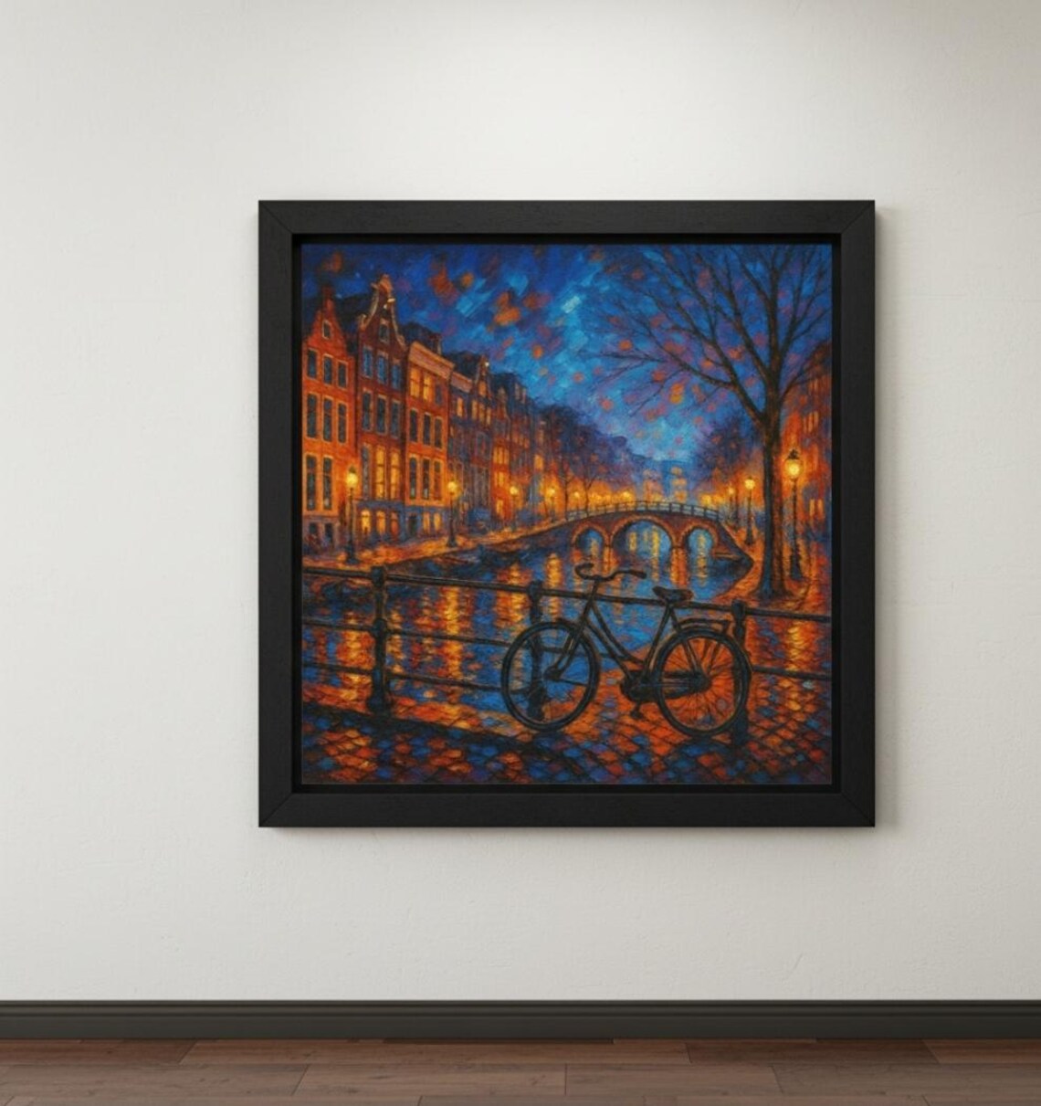 Amsterdam Canal Night Bicycle Bridge Impressionist Oil Poster