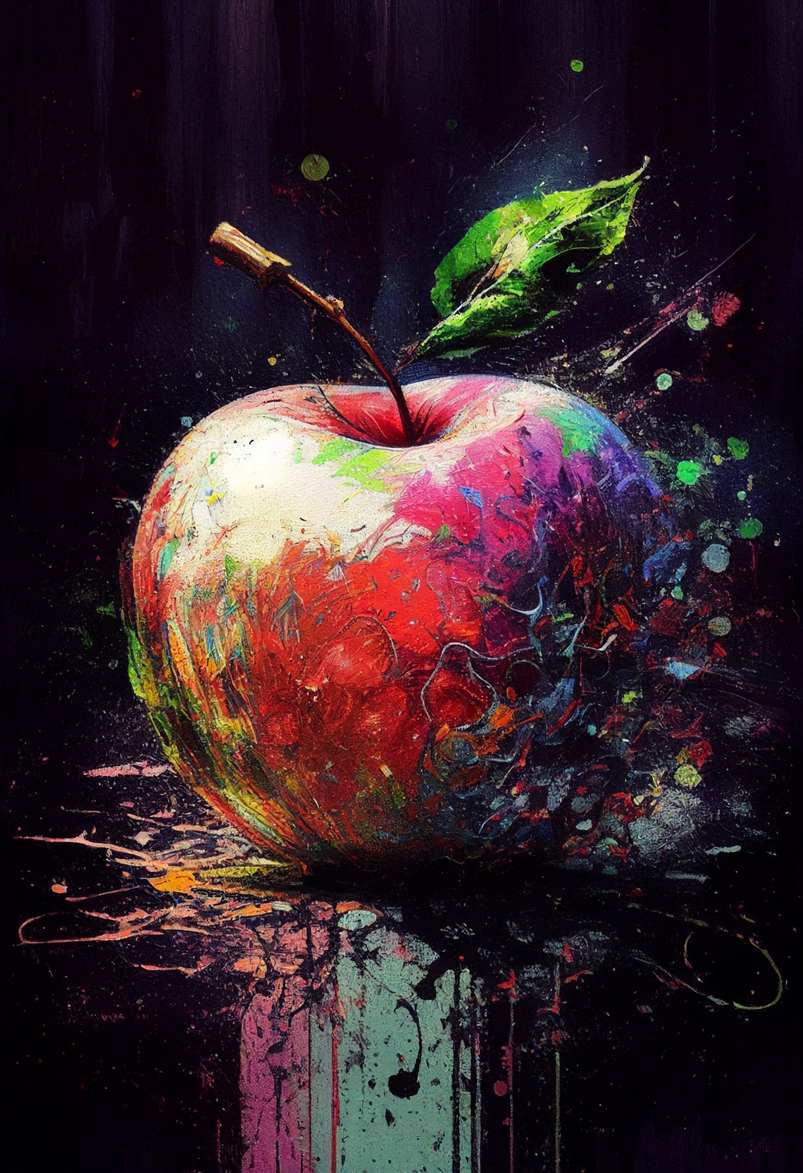 Neon Splatter Paint Apple on Dark Background Modern Art Poster - Image 2