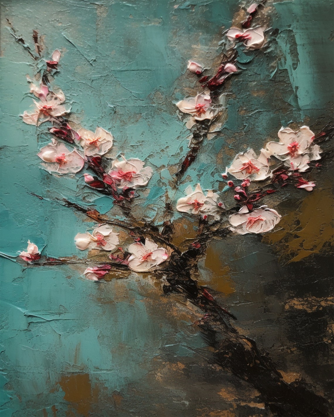 Cherry Blossom Branch Palette Knife Painting Teal Art Poster - Image 2