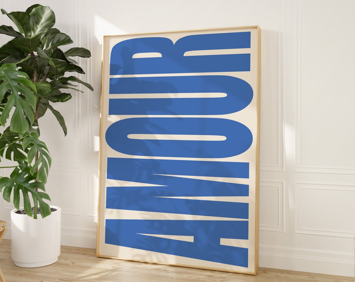 Bold Amour Blue French Typography Love Statement Retro Wall Art