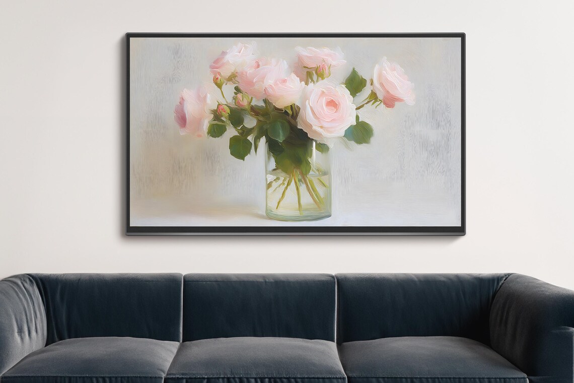 Pink Rose Bouquet Vase Soft Floral Still Life Painting Print