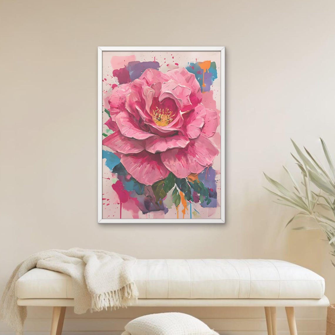 Pink Peony Bloom Watercolor Floral With Paint Splashes Poster Art