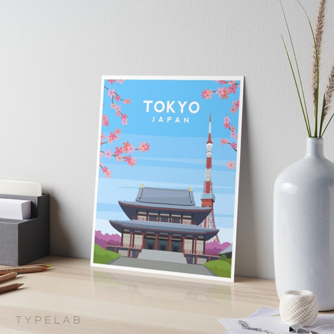 Tokyo Japan Temple Cherry Blossom and Tokyo Tower Travel Poster - Image 2