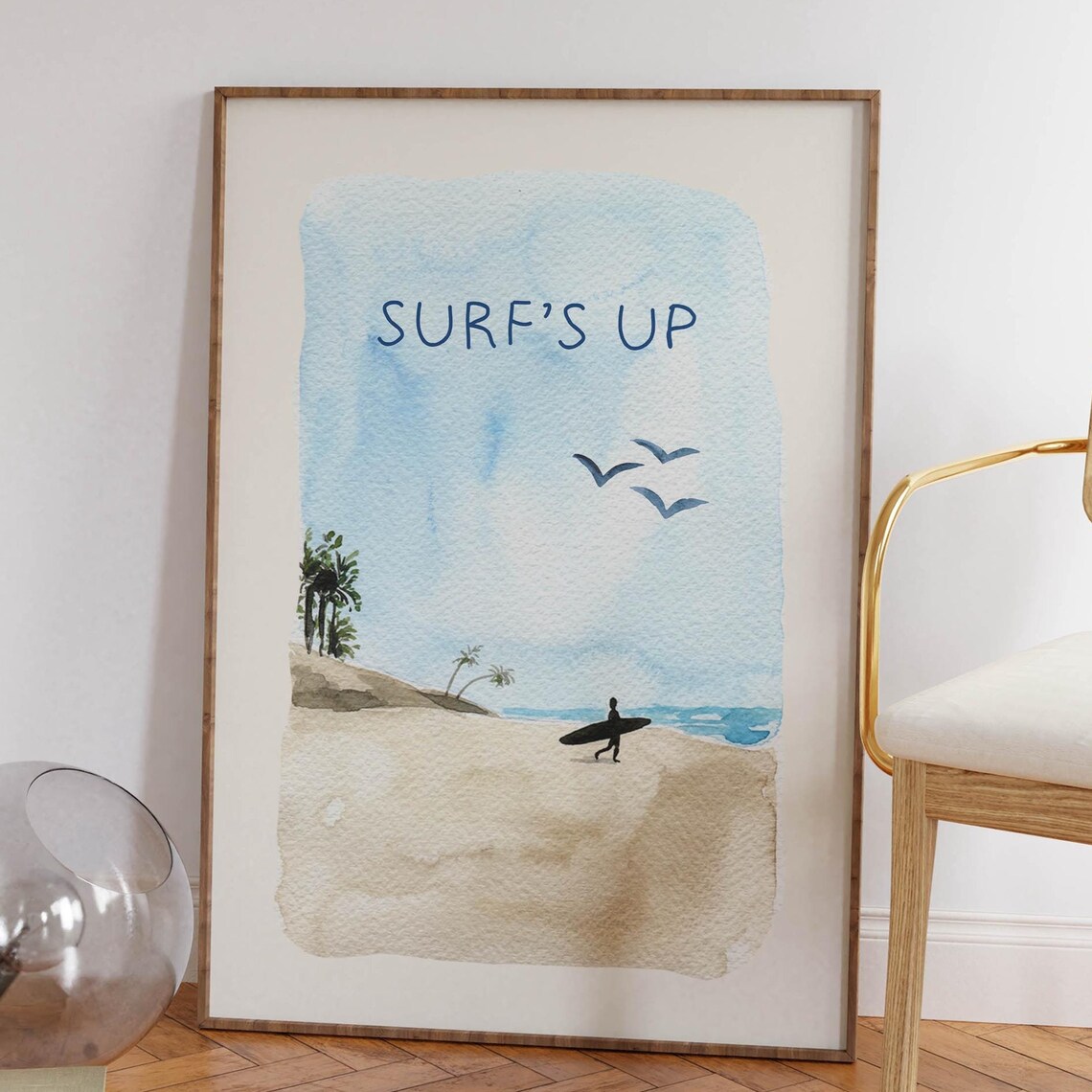 Trendy Surfs Up Watercolor Beach Surfer Silhouette Coastal Print