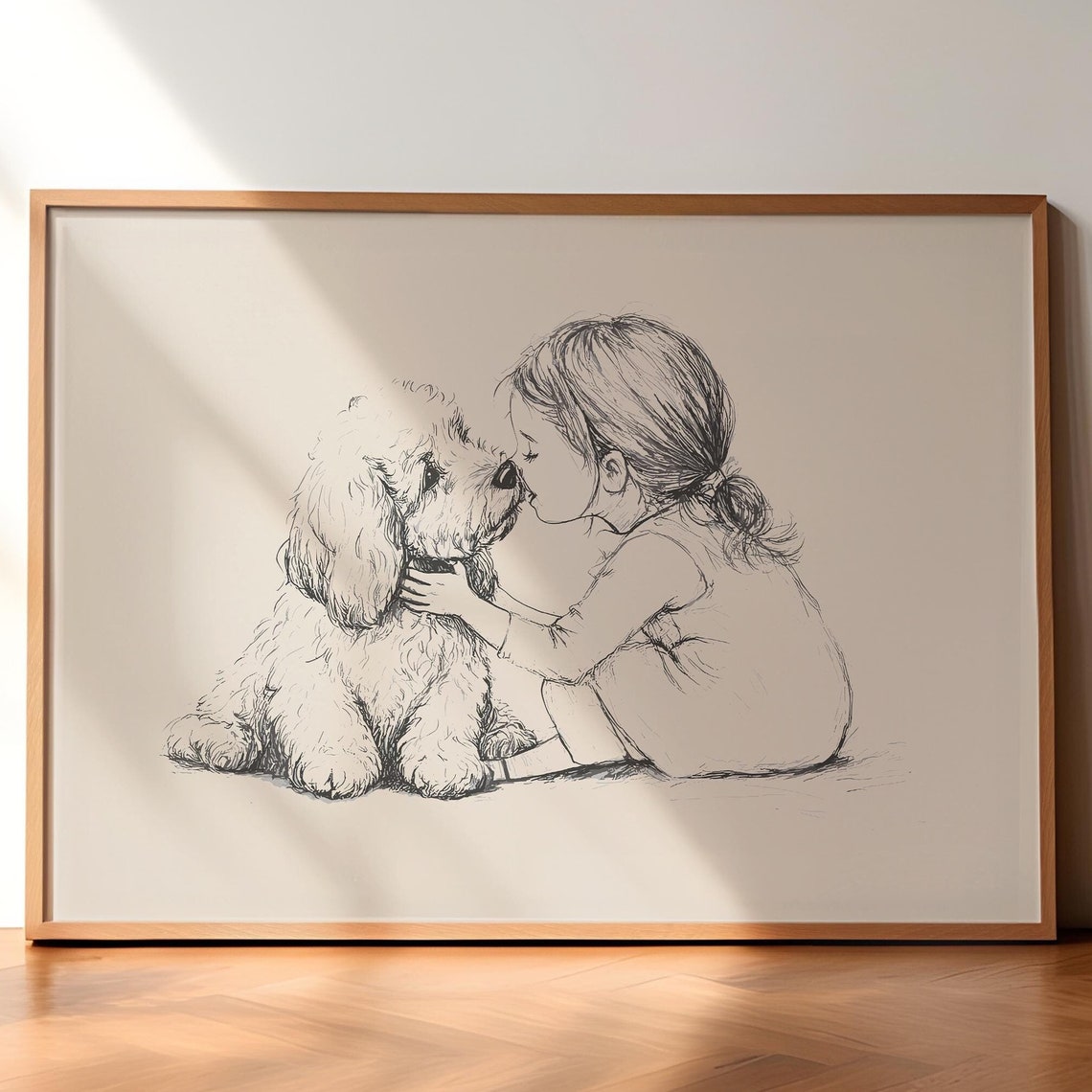 Goldendoodle And Girl Poster Dog Vintage Art Retro Puppy Painting Nursery Wall Decor Baby Room Wall Art Dog Drawing Dog Painting