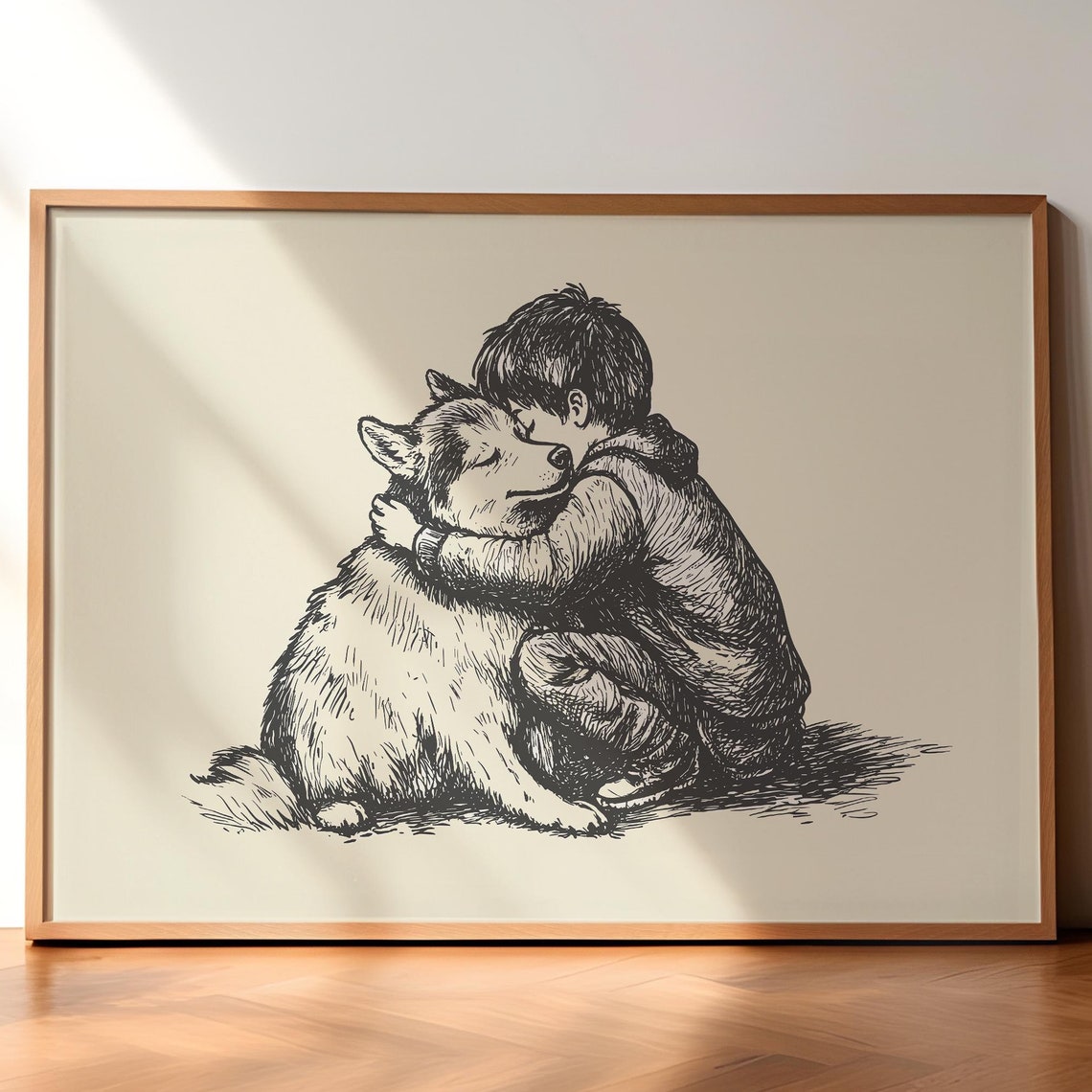 Boy And A Husky Vintage Print Dog Vintage Art Antique Vintage Painting Farmhouse Wall Decor Country Wall Art Dog Drawing Dog Wall Art