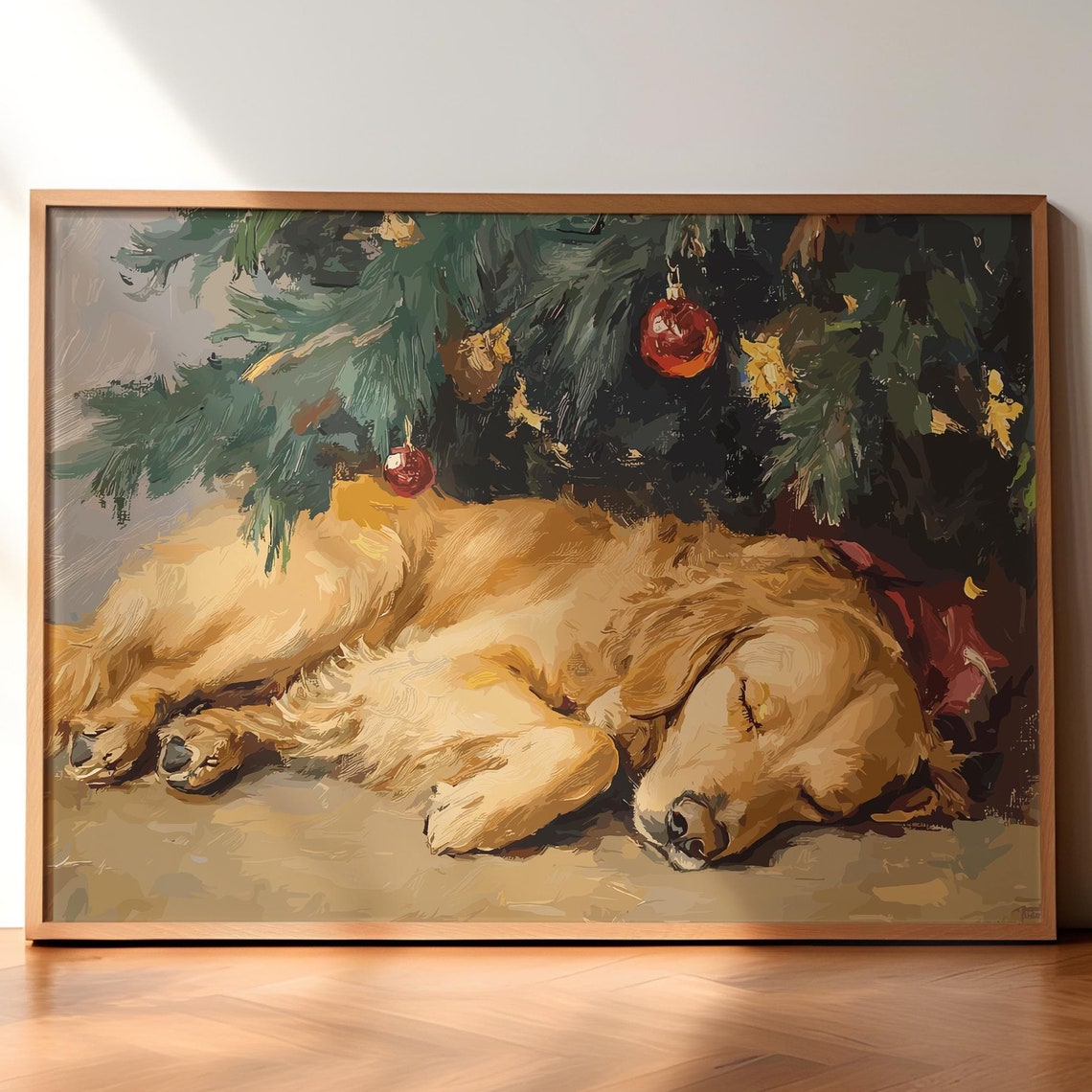 Vintage Dog Painting Christmas Golden Retriever Print Retro Christmas Poster Vintage Holiday Art Christmas Gift Dog Art Xmas Drawing