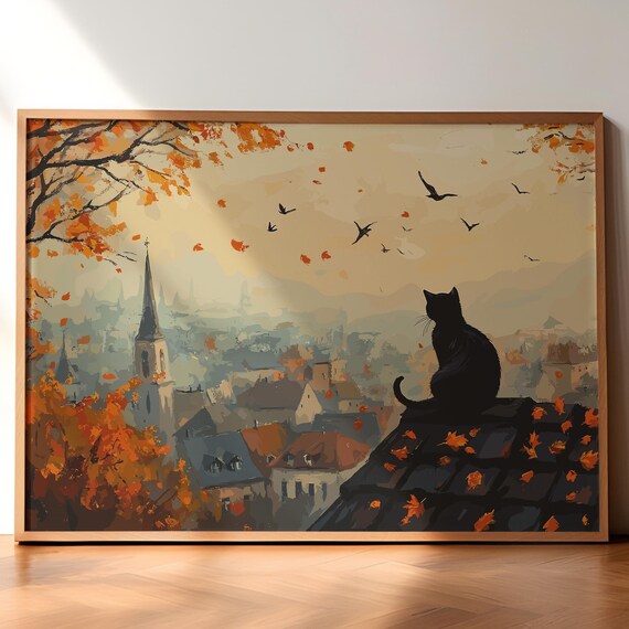 Black Cat On Rooftop Overlooking Autumn Town Painting Poster
