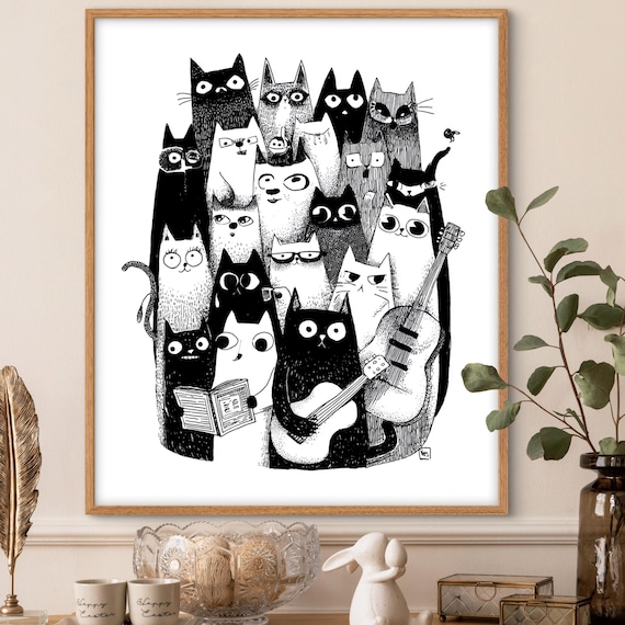 Funny Black and White Doodle Cats Music Group Illustration Print