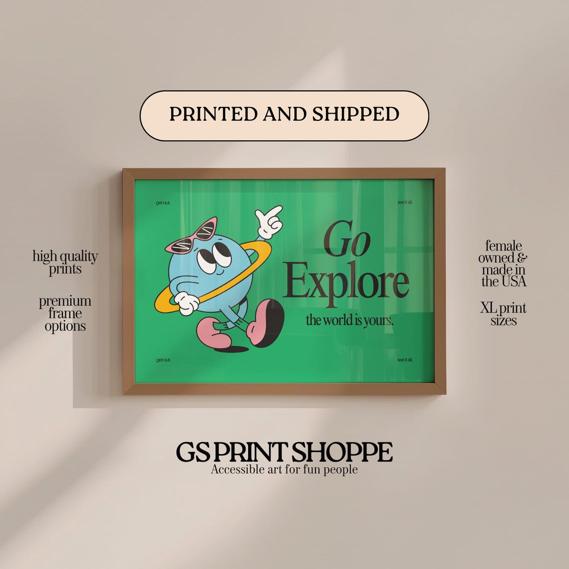 Go Explore the World Is Yours Retro Planet Cartoon Quote Art Poster