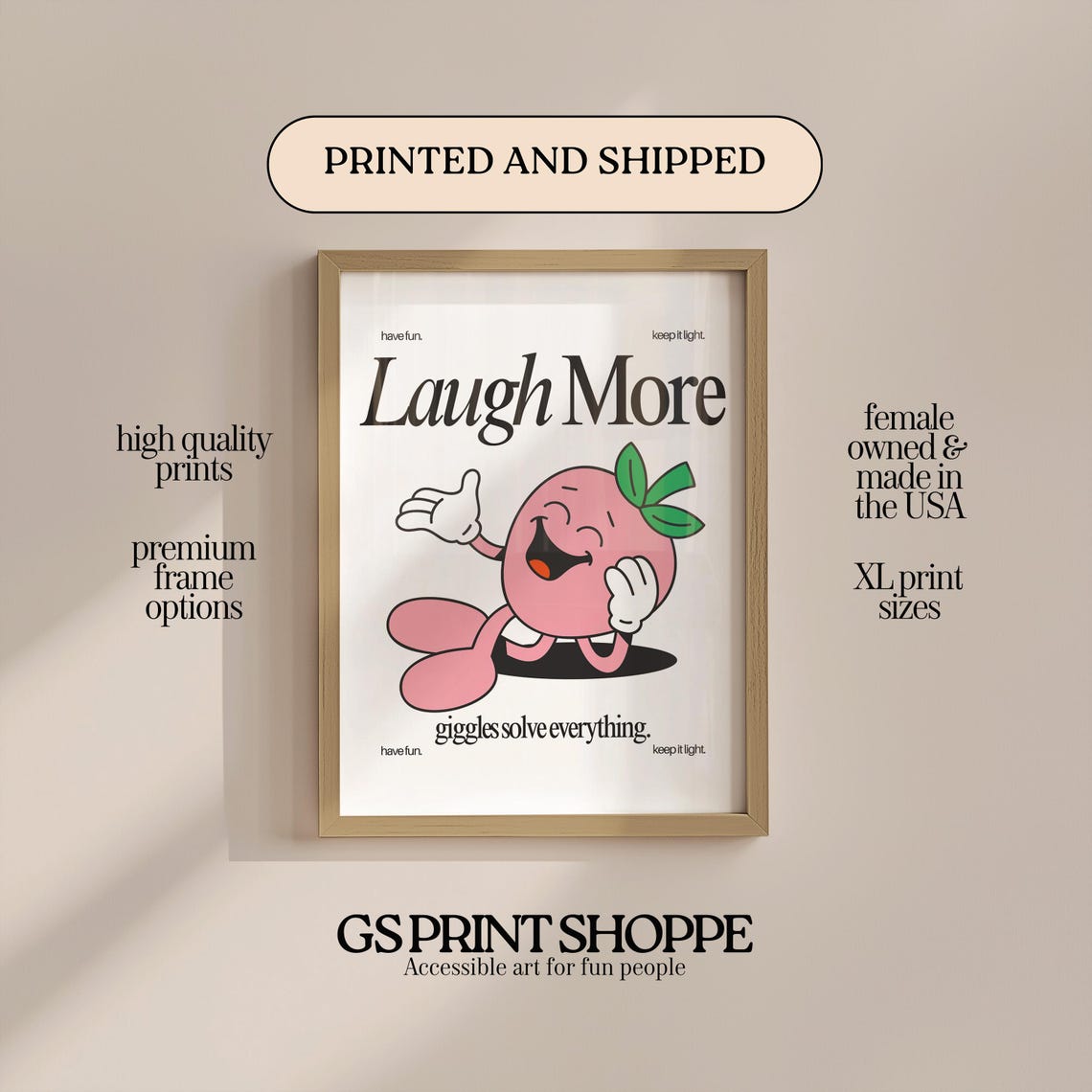 Laugh More Peach Cartoon Motivational Print Giggles Solve Everything
