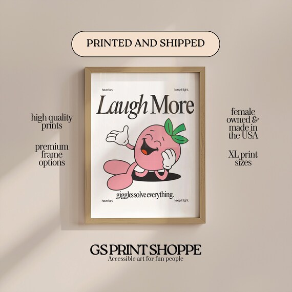 Laugh More Peach Cartoon Motivational Print Giggles Solve Everything