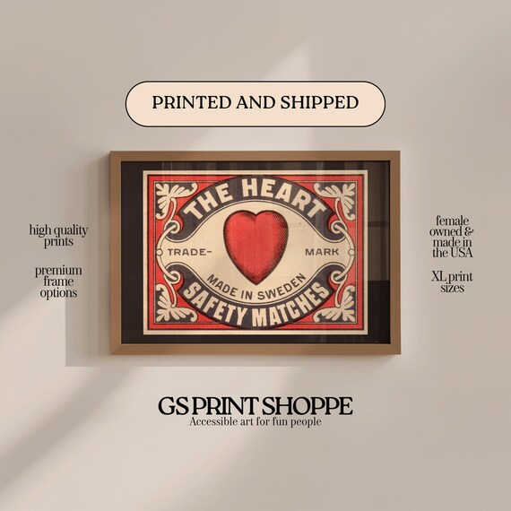 The Heart Red Safety Matches Made In Sweden Antique Label Vintage Advertising Poster