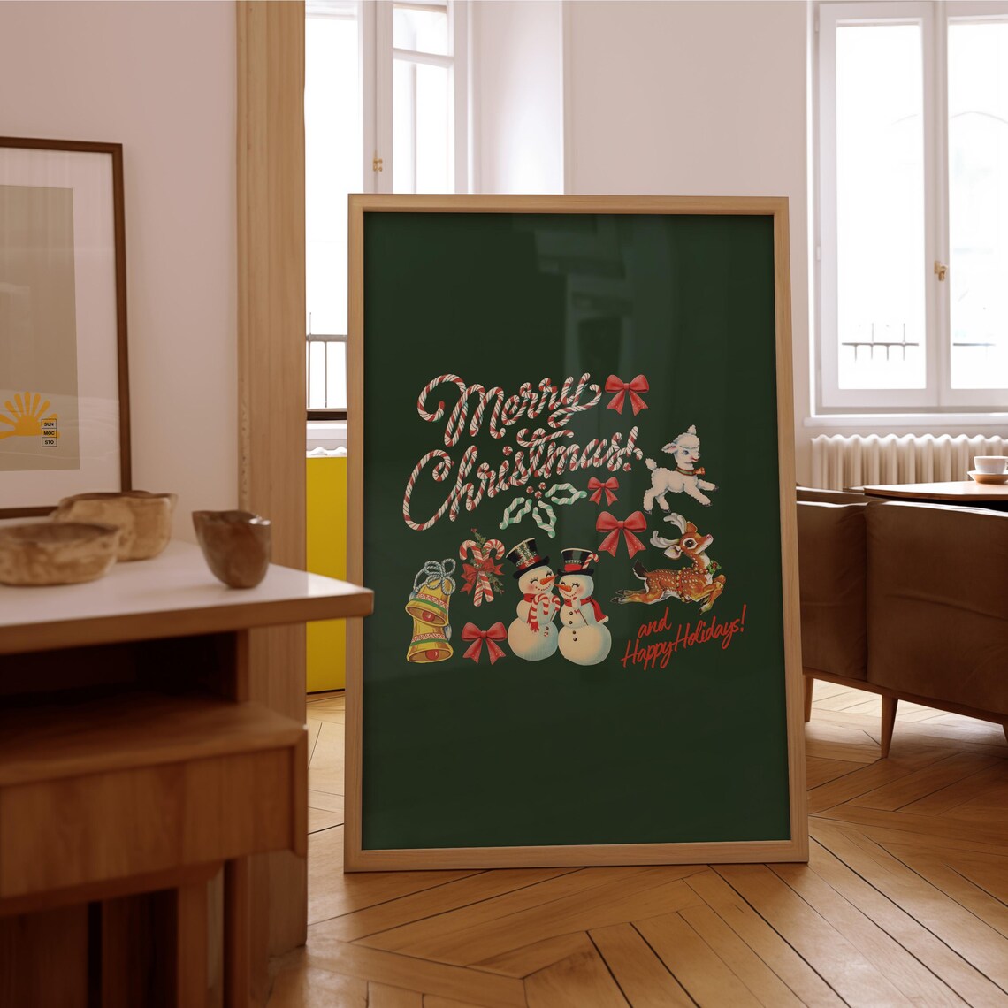 Merry Christmas Candy Cane Lettering Vintage Snowmen Holiday Poster