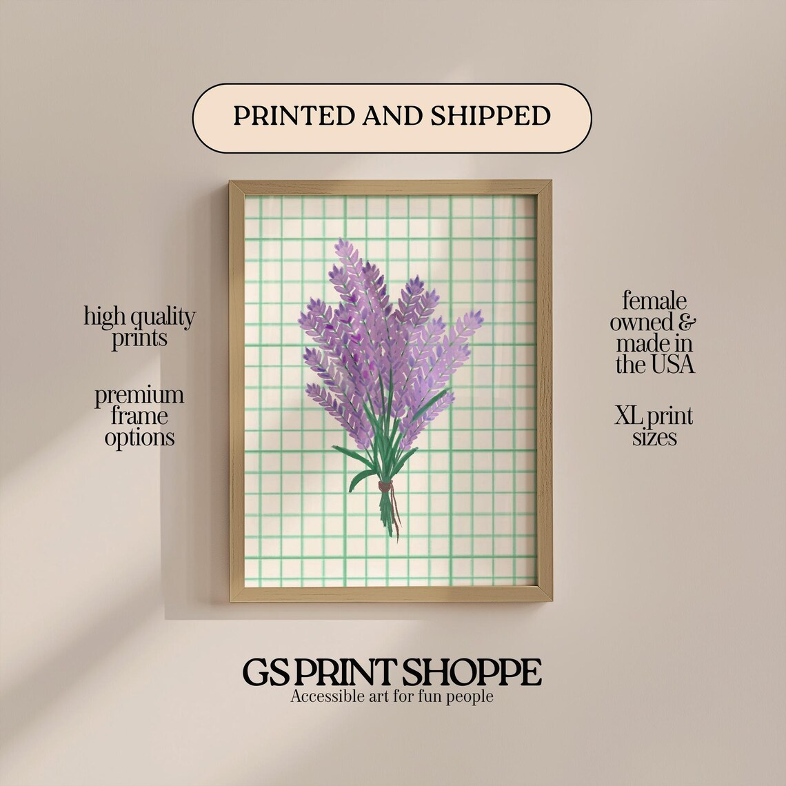 Lavender Bouquet Print Purple Sprigs on Green Grid Modern Floral Art