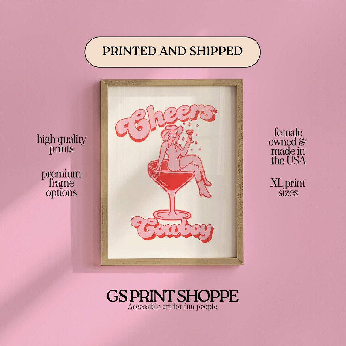 Cheers Cowboy Girl In Cocktail Glass Pink Retro Bar Party Poster
