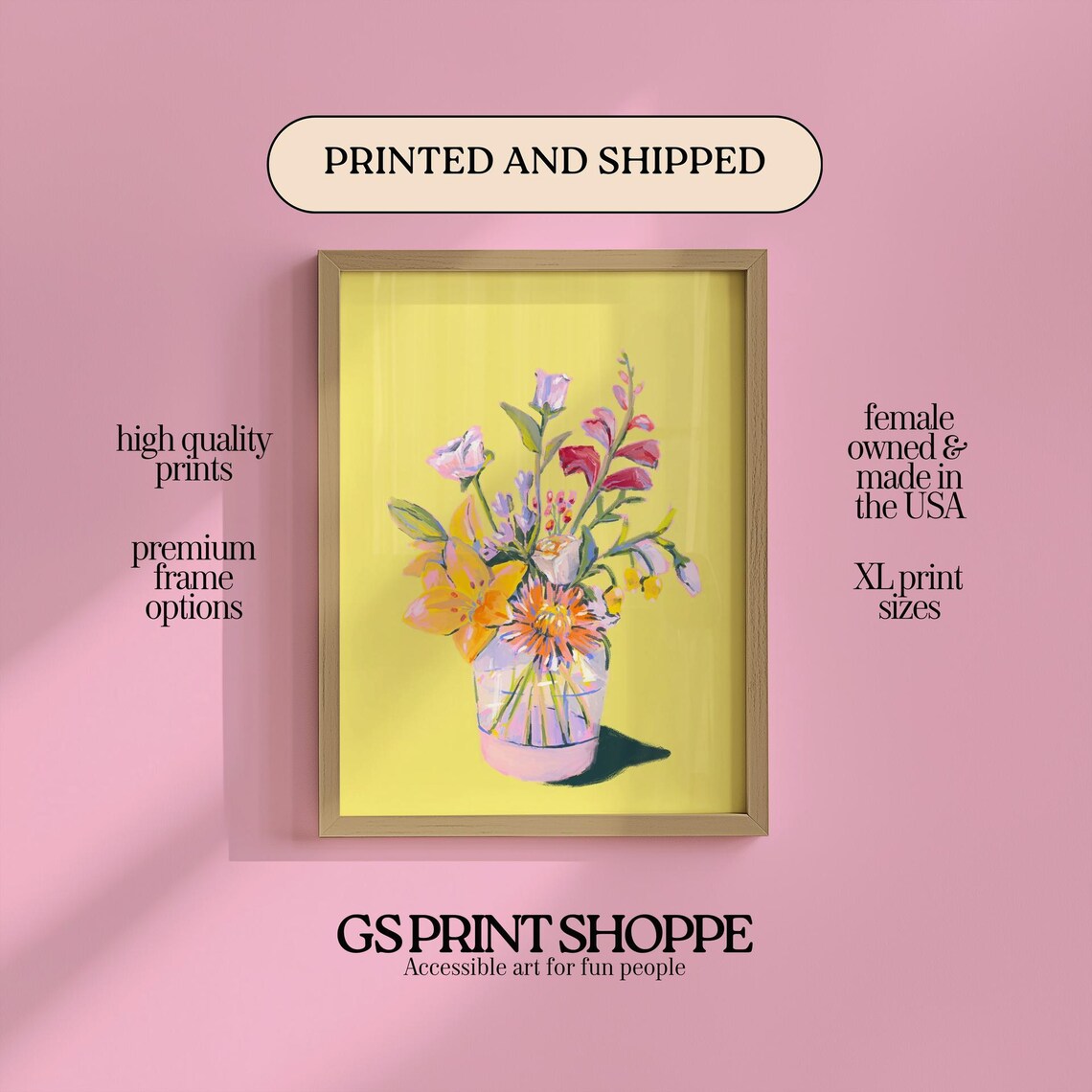 Bright Yellow Wildflower Bouquet Glass Vase Colorful Art Print