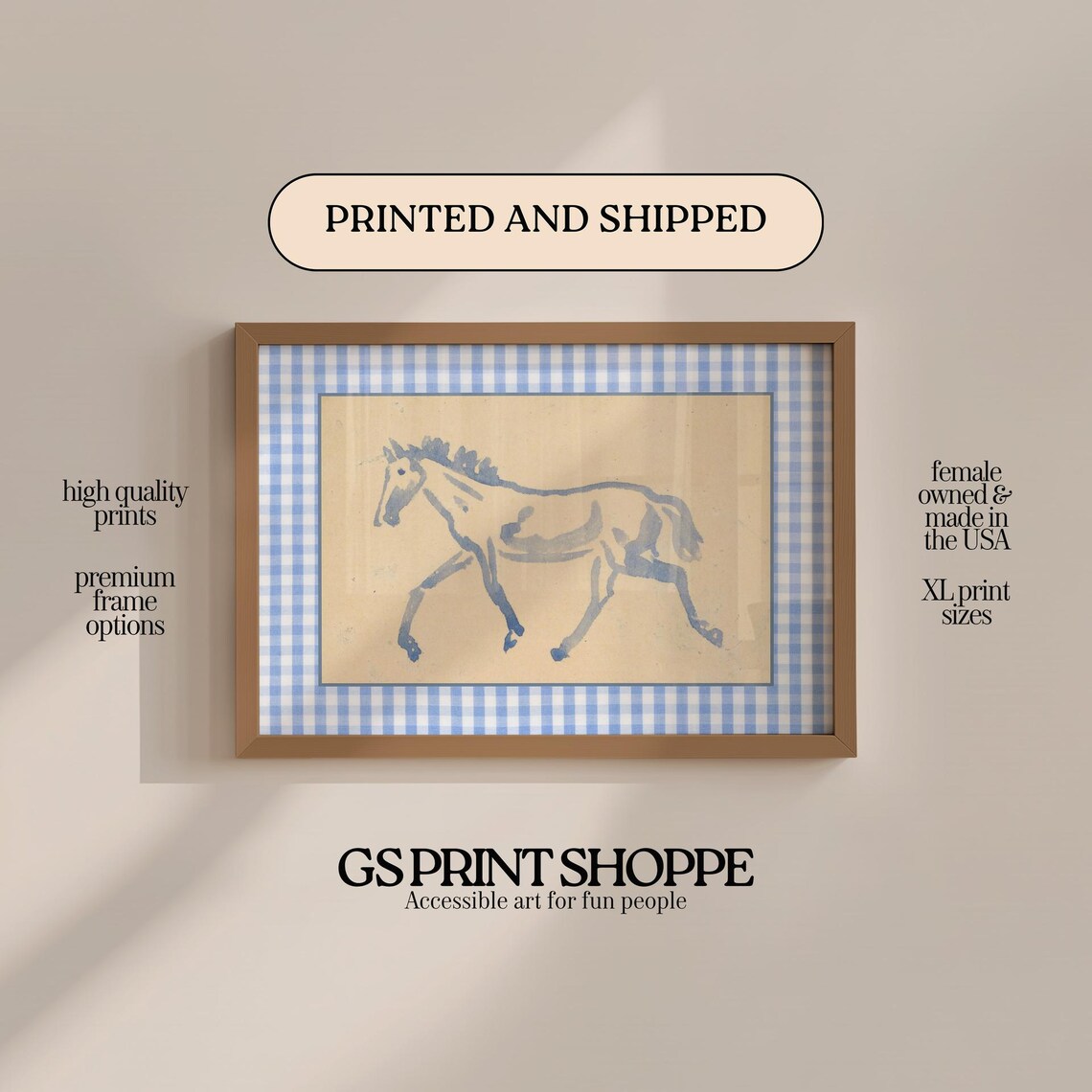 Blue Ink Trotting Horse Minimalist Folk Style Sketch Art Poster