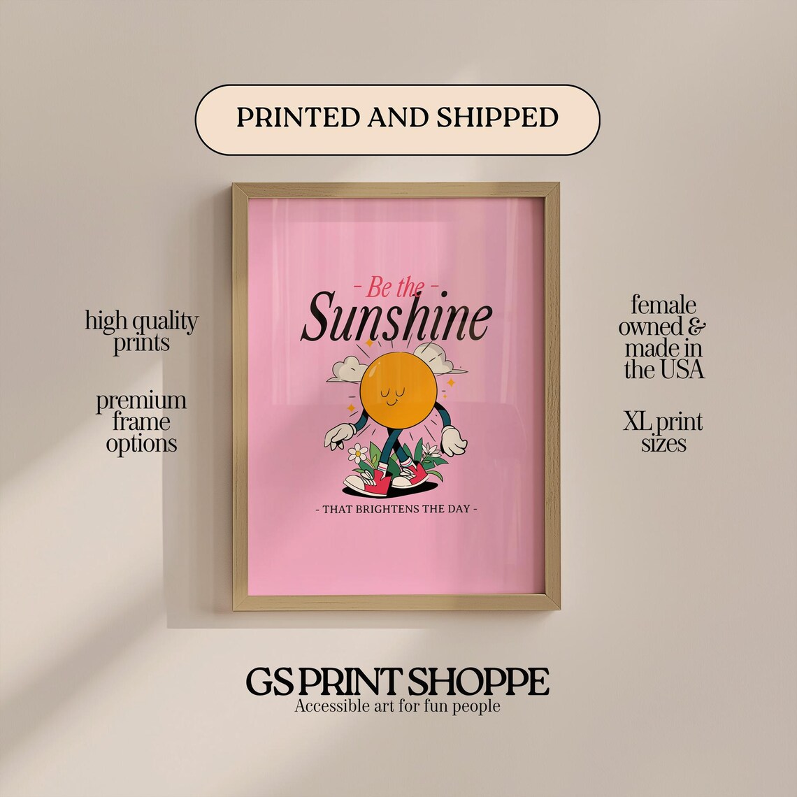 Be The Sunshine Retro Smiling Sun Character Quote Pink Poster