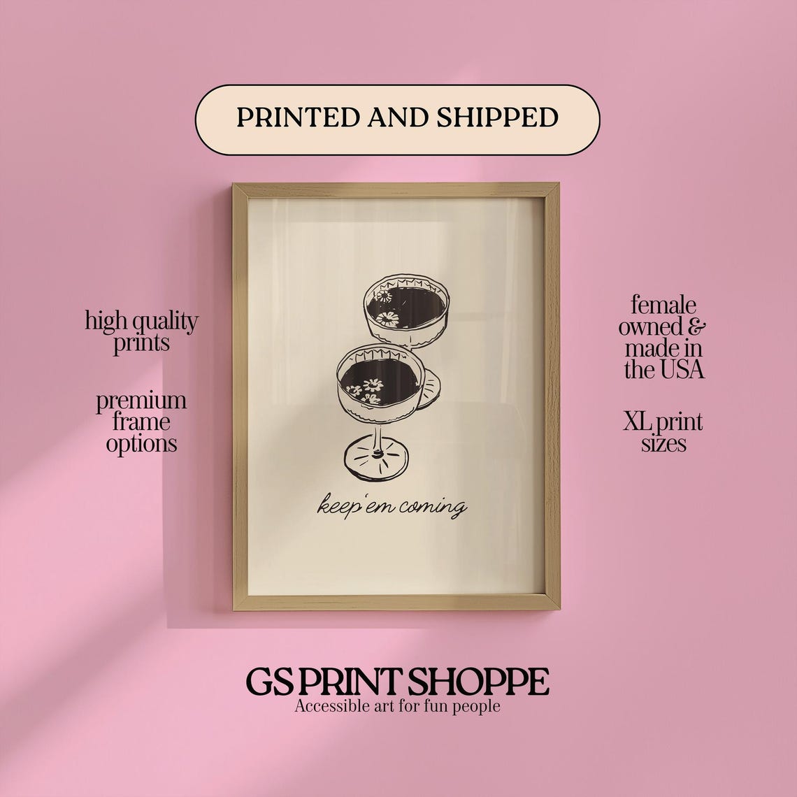 Keep Em Coming Coupe Glasses Hand Drawn Cocktail Bar Wall Poster