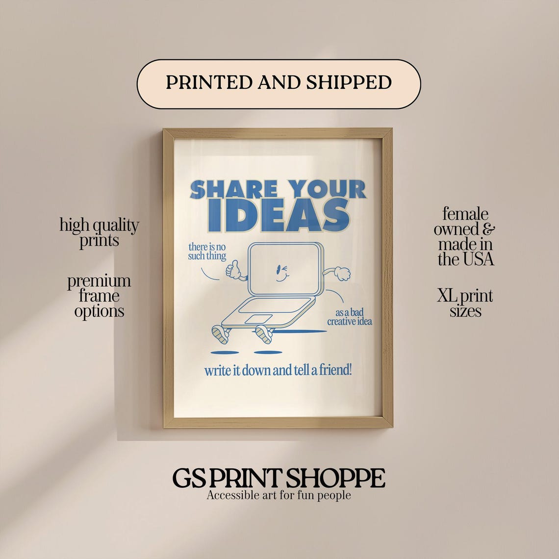 Share Your Ideas Cute Laptop Cartoon Creative Quote Wall Art