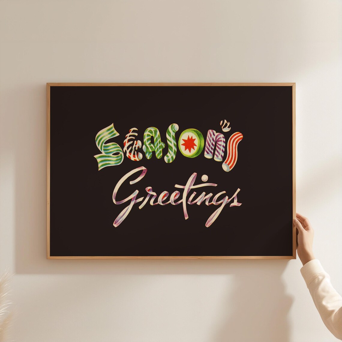 Seasons Greetings Candy Lettering Black Christmas Holiday Art Print