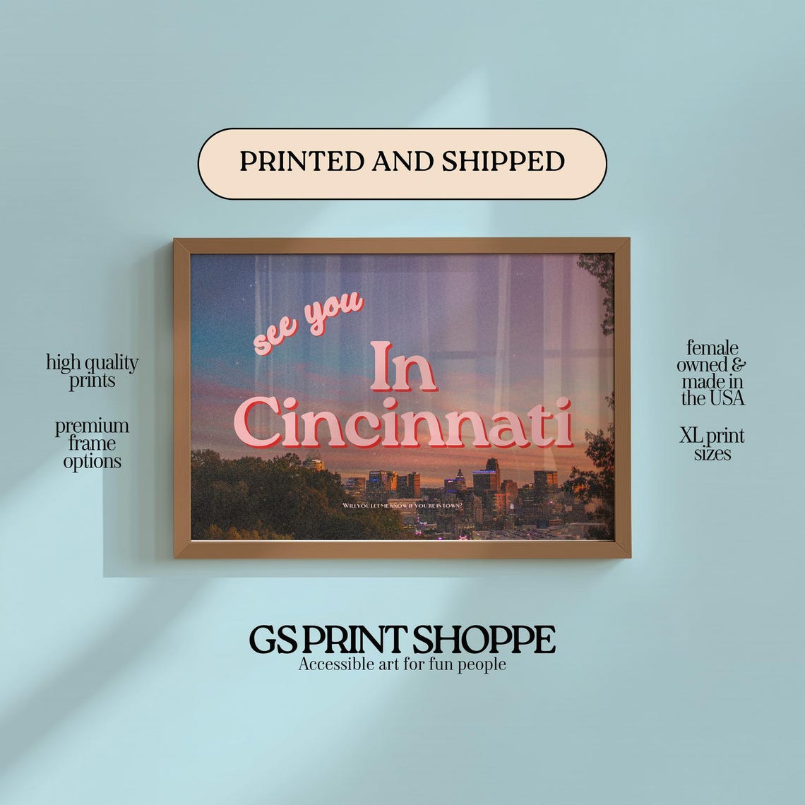 See You In Cincinnati Retro Typography Sunset Skyline Wall Art