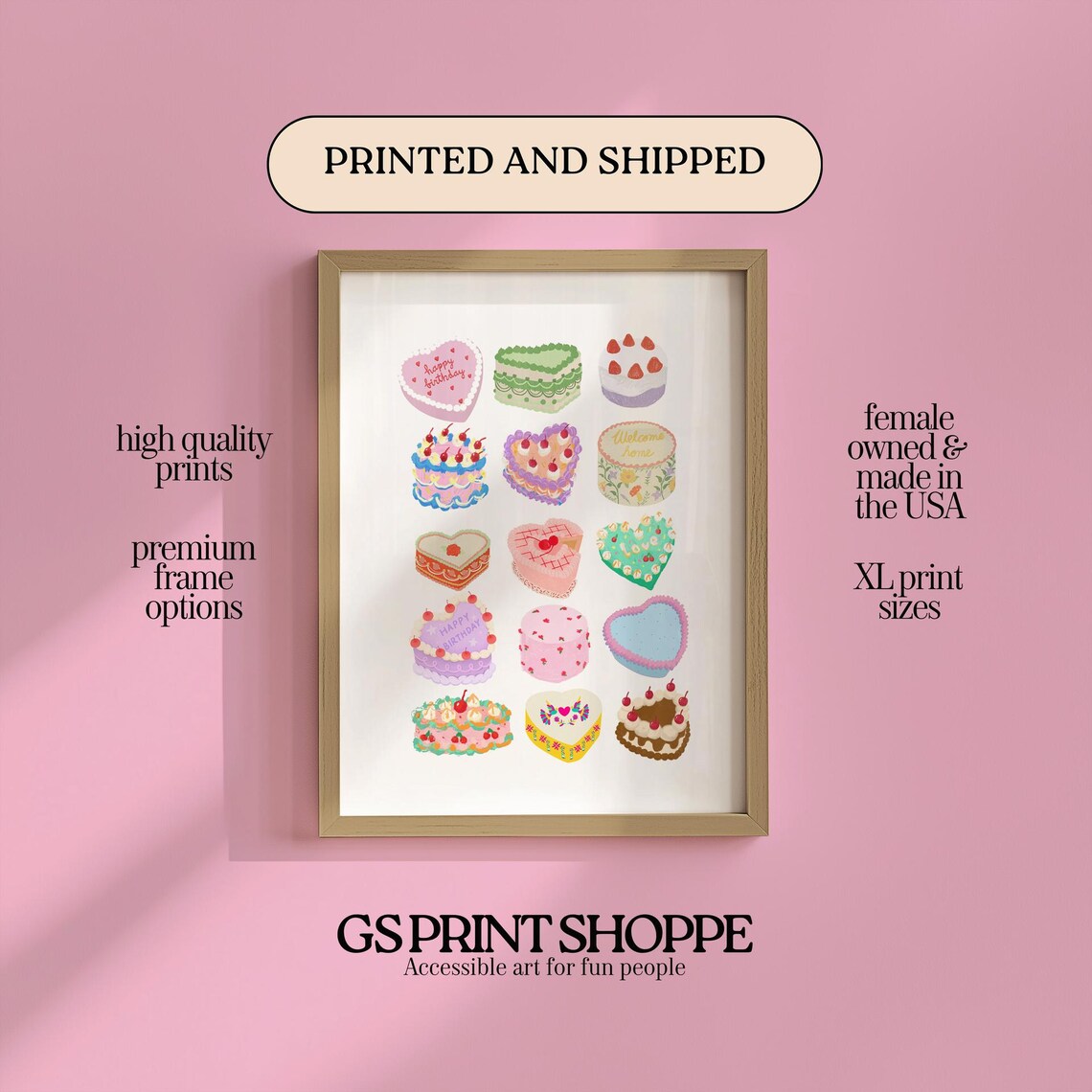Heart Shaped Cakes Colorful Bakery Dessert Illustration Art Poster