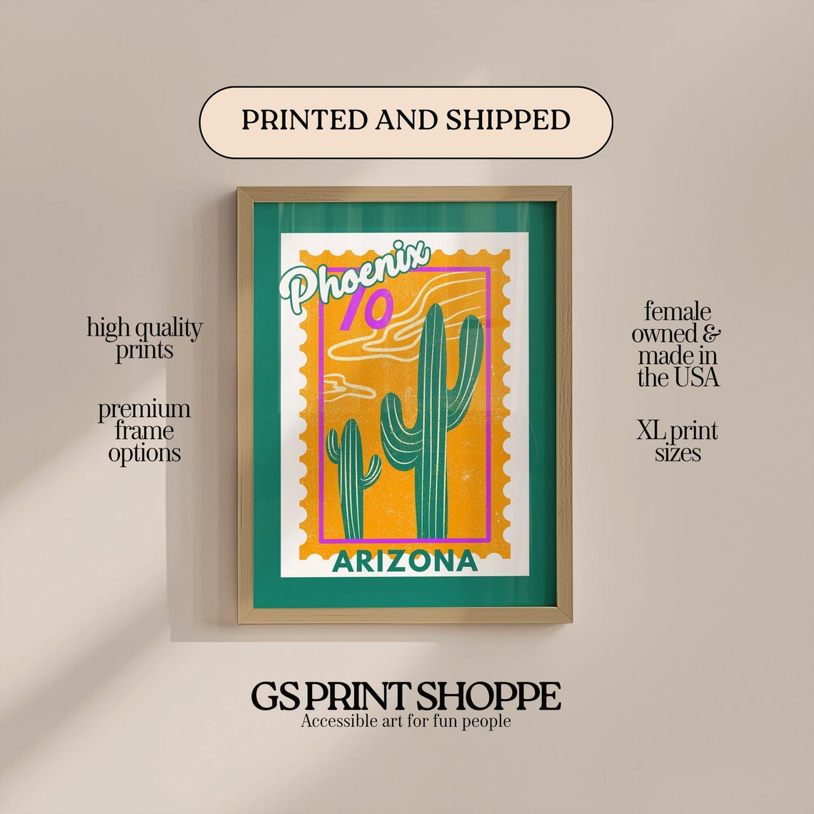 Phoenix Arizona Cactus Desert Postage Stamp Style Retro Art Poster