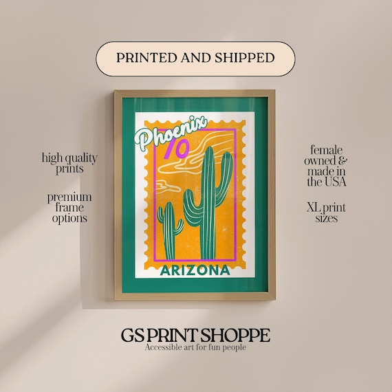 Phoenix Arizona Cactus Desert Postage Stamp Style Retro Art Poster