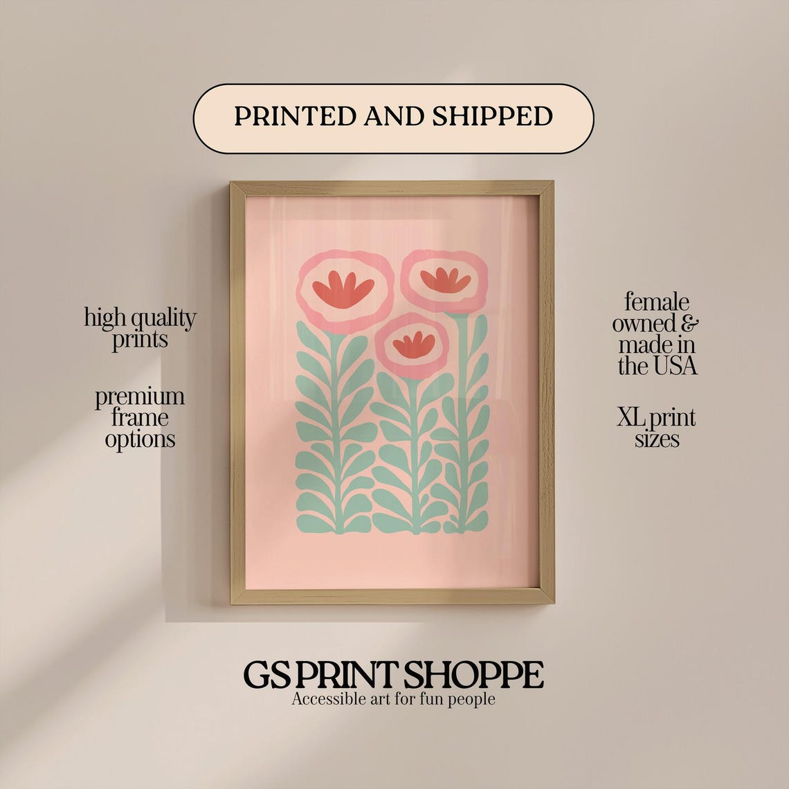 Three Coral Pink Flowers Minimalist Vertical Botanical Art Print