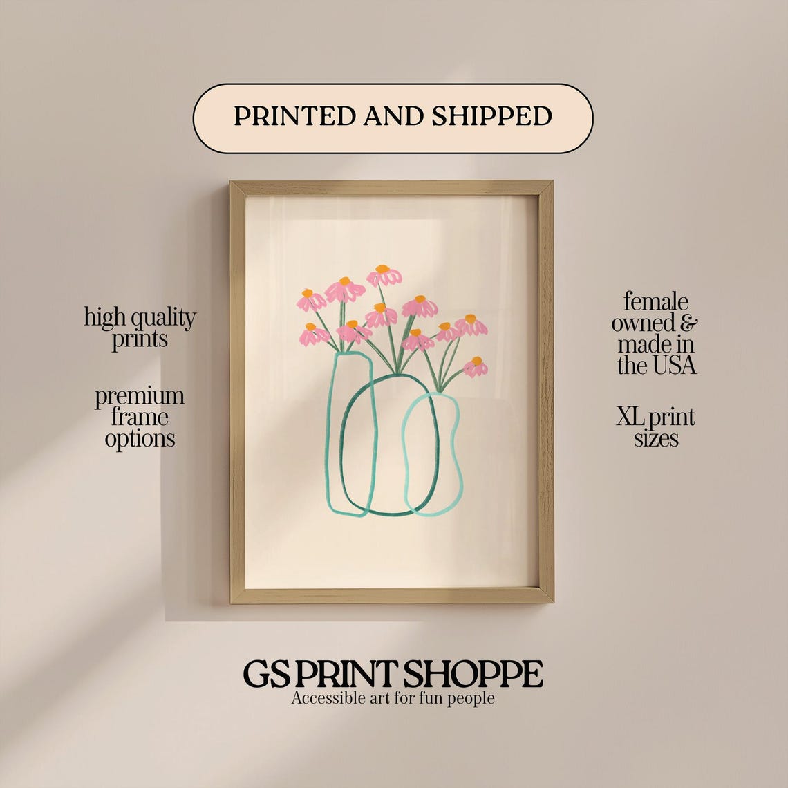 Sweet Pink Daisy Doodle Line Art Vases Cream Modern Floral Poster