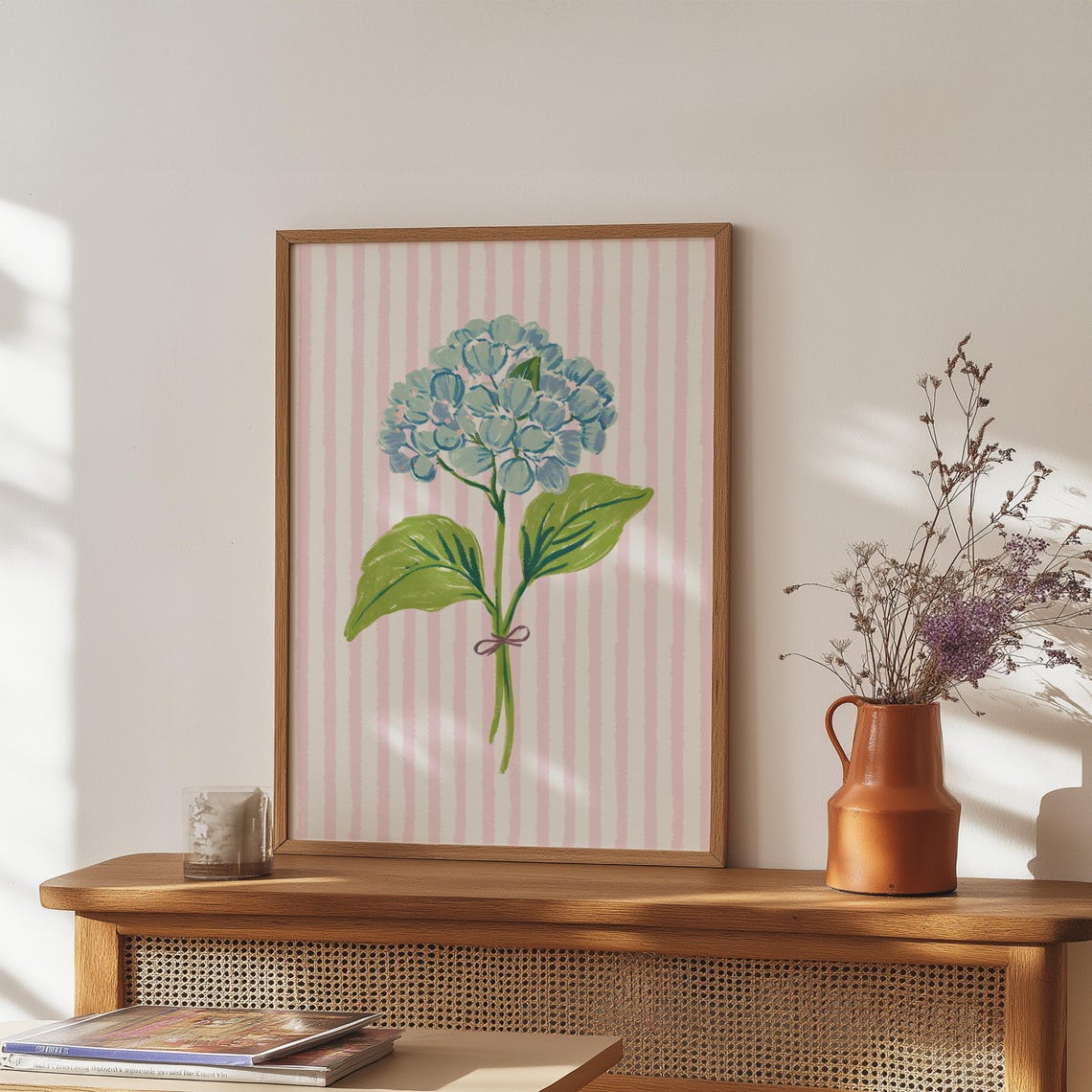 Blue Hydrangea Stem Poster Tied with Bow Pink Stripe Floral Art